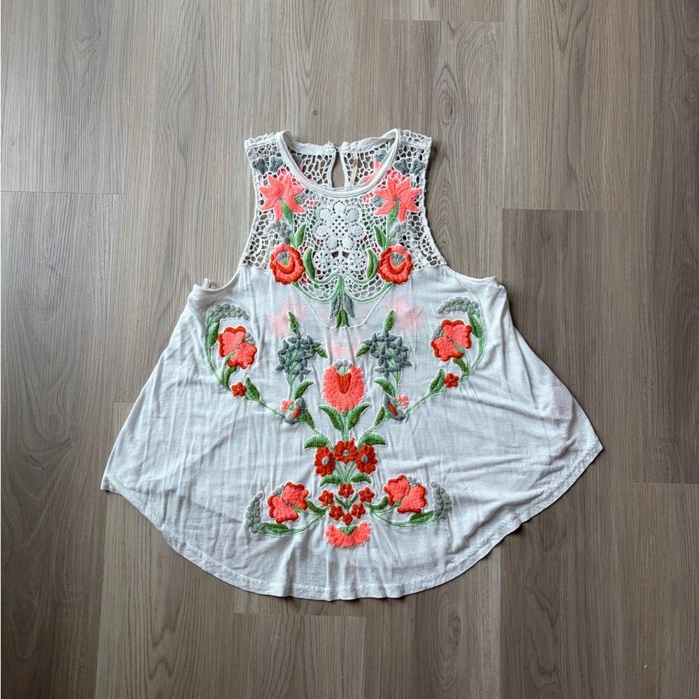 Free People White Sleeveless Top with Coral Floral Embroidery - Picture 1 of 3